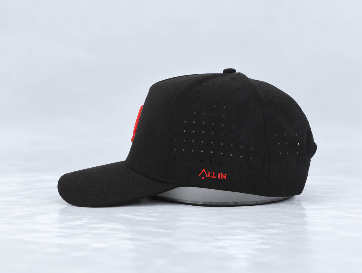 All In Lid Black & Scarlet hat, opposite side profile, in black fabric with a scarlet logo.
