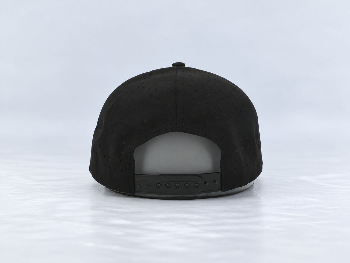 All In Lid Black & Scarlet hat, back view showing the adjustable snapback strap.