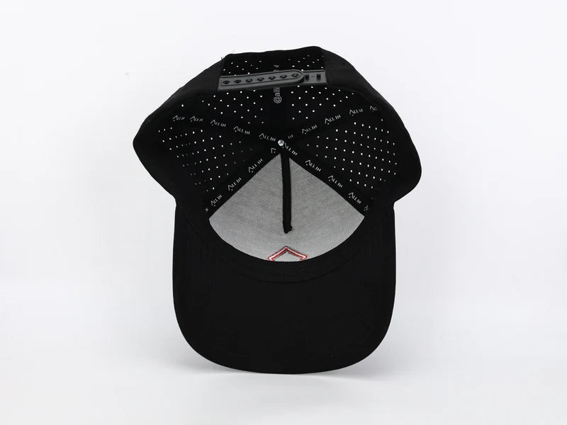 Black & Scarlet Performance Hat – Sweat-Resistant & Laser-Perforated Fit