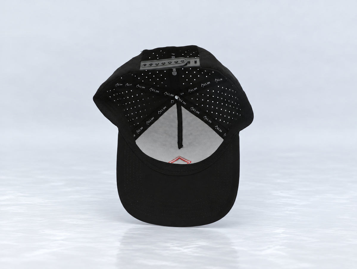 All In Lid Black & Scarlet hat, underside view showing the interior sweatband and lining.