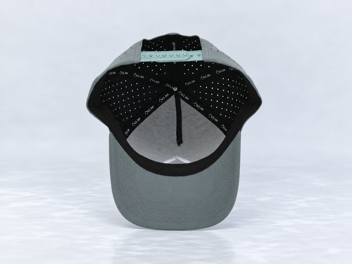 All In Lid Bloom Gray hat, underside view showing the interior sweatband and lining.