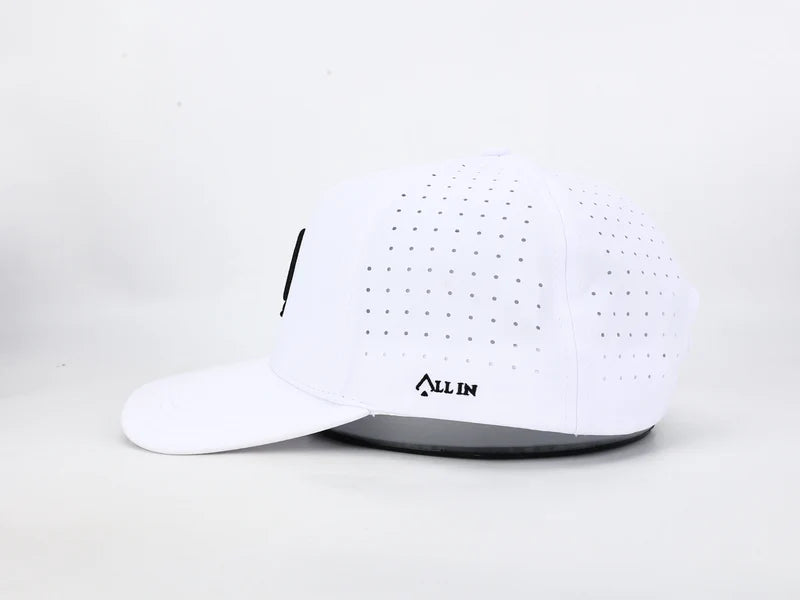 All In Lid White & Black Performance Hat – Water Resistant & Laser Perforated Fit
