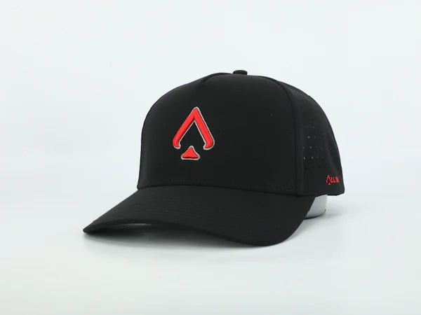 Black & Scarlet Performance Hat – Sweat-Resistant & Laser-Perforated Fit