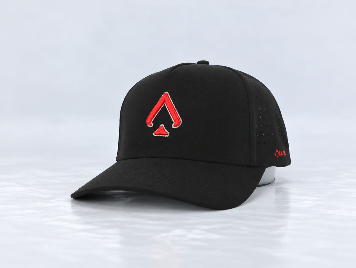 All In Lid Black & Scarlet hat, three-quarter front view, in black fabric with a scarlet logo.