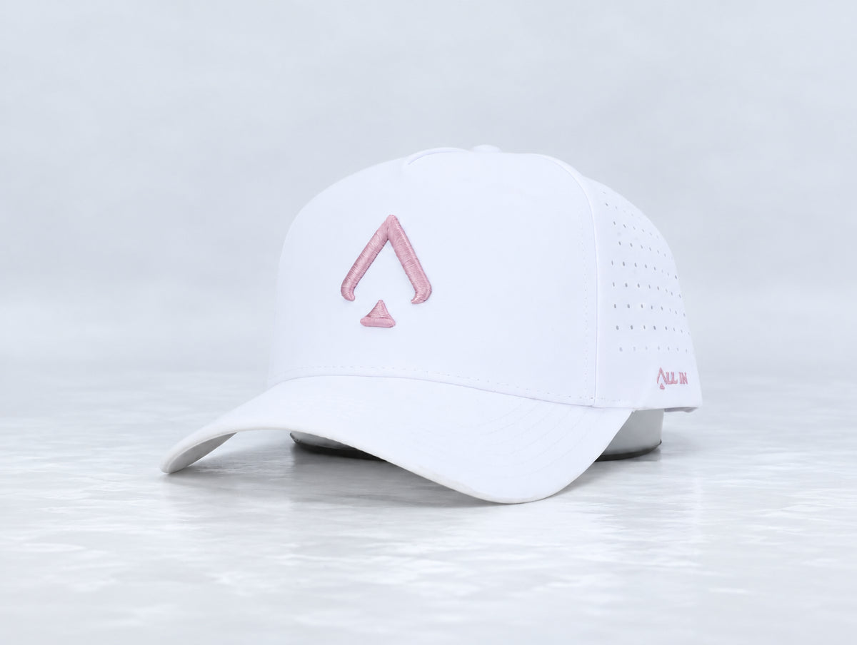 All In Lid Pink Panther hat, three-quarter front view, in white fabric with a pink logo.