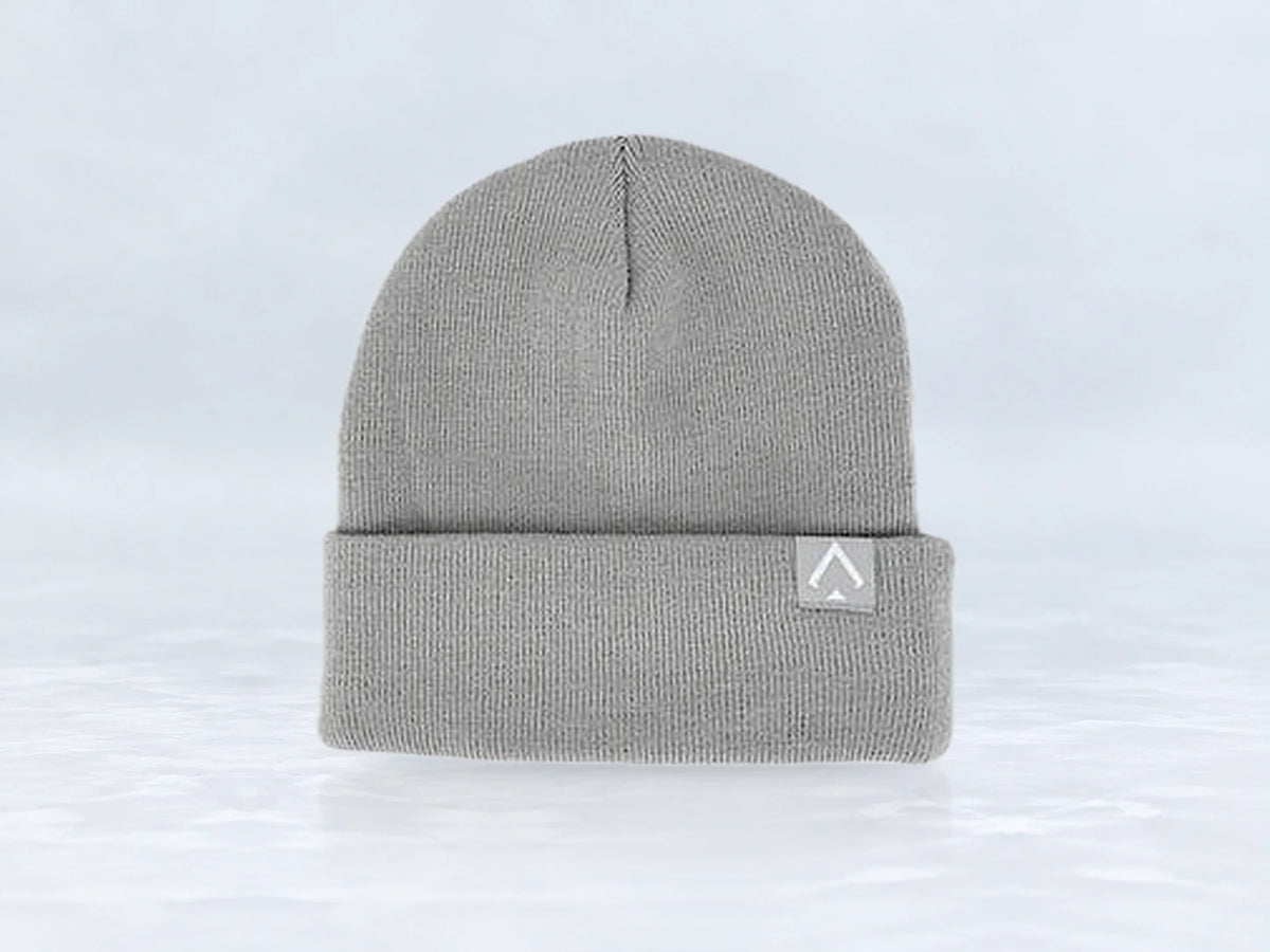 All In Lid Ash Gray cuffed beanie in gray knit with a light gray logo patch, front view, against a pale gray studio background.