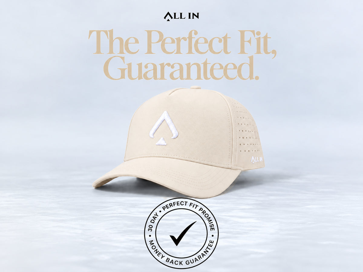 All In Lid Butter hat, angled view. The Perfect Fit, Guaranteed. 30-day Perfect Fit Promise and money-back guarantee badge.