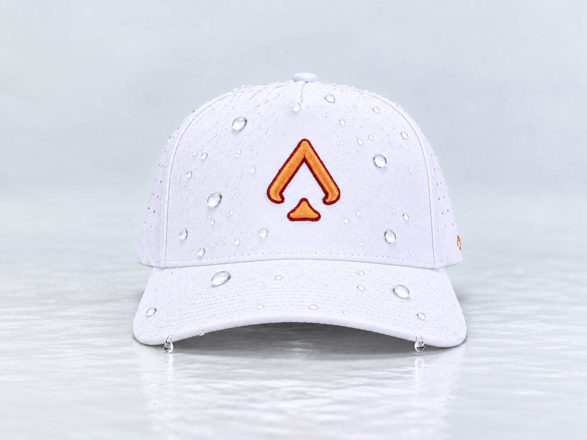 Front view of the All In Lid Creamsicle hat with white fabric and a red-edged orange logo and water droplets on the crown and brim.