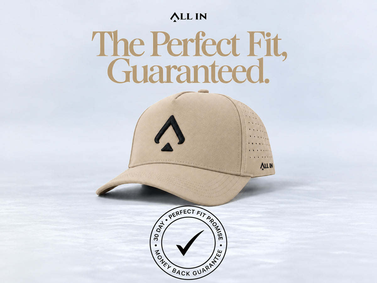 All In Lid Desert Sand hat, angled view. The Perfect Fit, Guaranteed. 30-day Perfect Fit Promise and money-back guarantee badge.