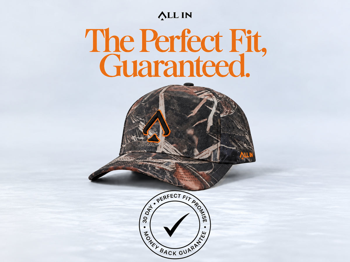 All In Lid Killa Camo hat, angled view. The Perfect Fit, Guaranteed. 30-day Perfect Fit Promise and money-back guarantee badge.