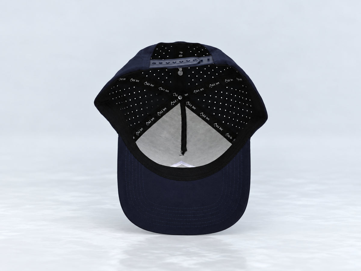 All In Lid Navy Seal navy cap, interior view showing branded seam tape, the sweatband, mesh-backed front panel, and underside of the brim against a pale gray background.