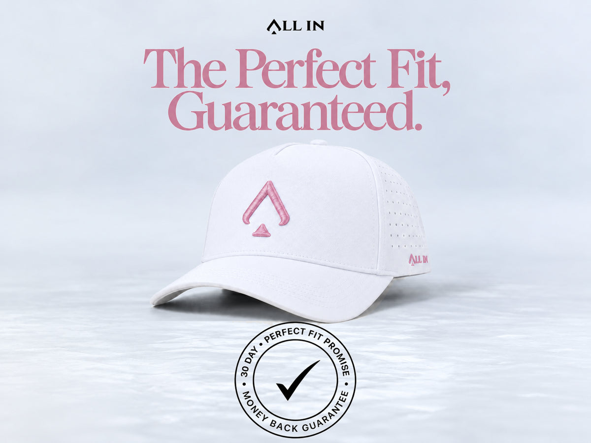 All In Lid Pink Panther hat, angled view. The Perfect Fit, Guaranteed. 30-day Perfect Fit Promise and money-back guarantee badge.