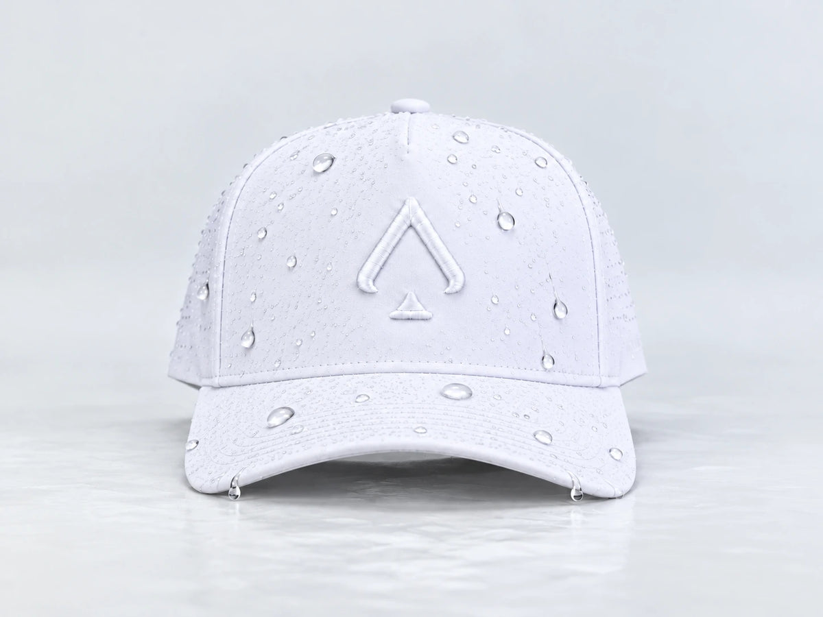 Front view of the All In Lid White Out hat with white fabric and a tonal white logo and water droplets on the crown and brim.