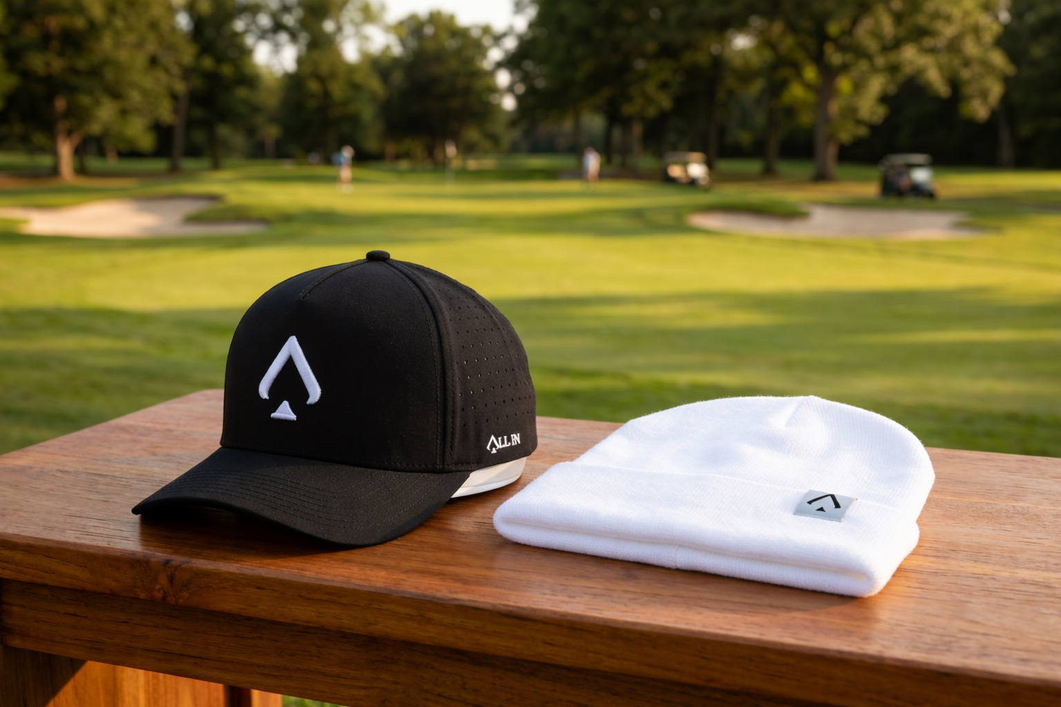 Black and white hat on a wooden table with a golf course background