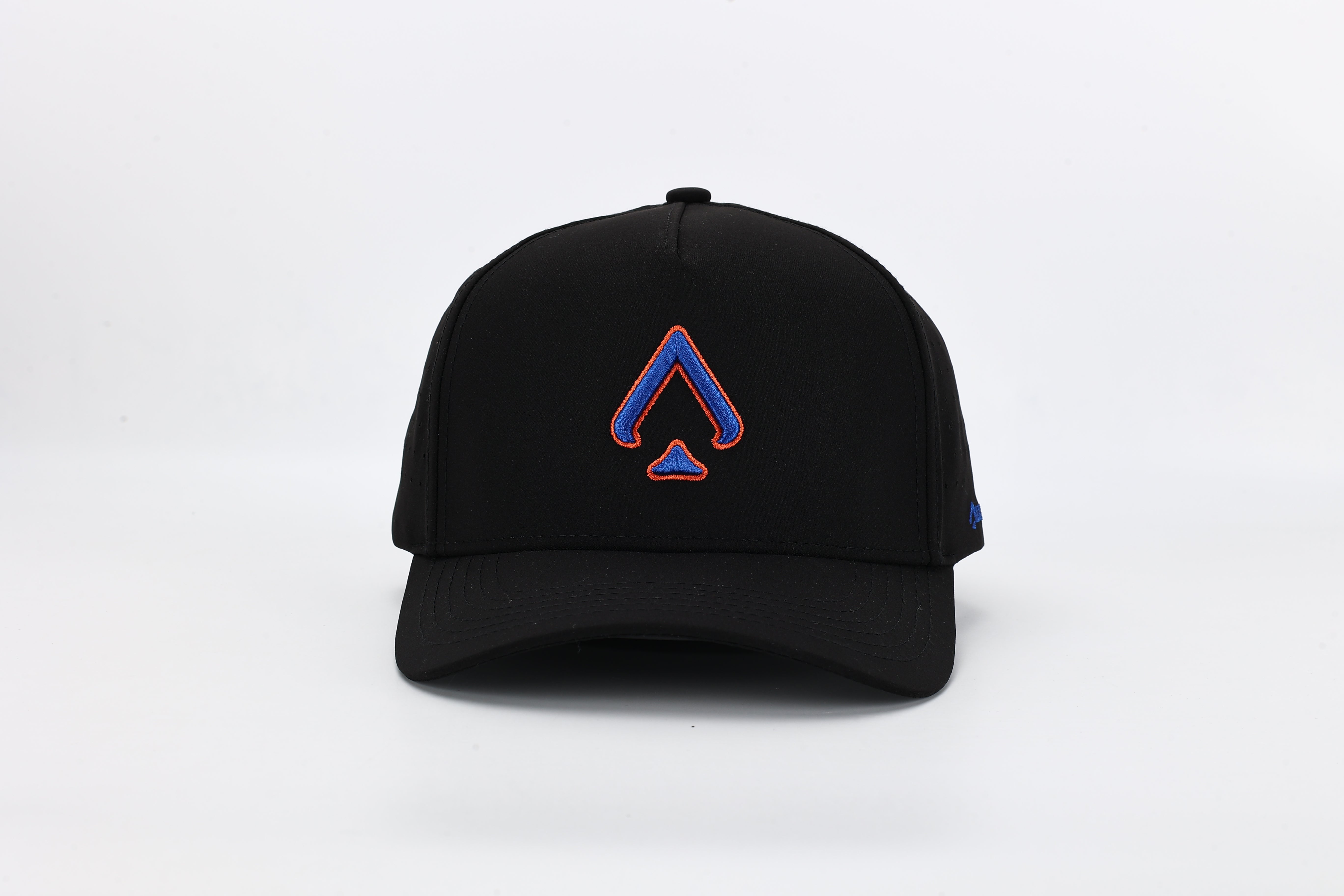 All In Wears Blackout Blaze performance cap, featuring a black body with a striking blue and orange embroidered spade logo.