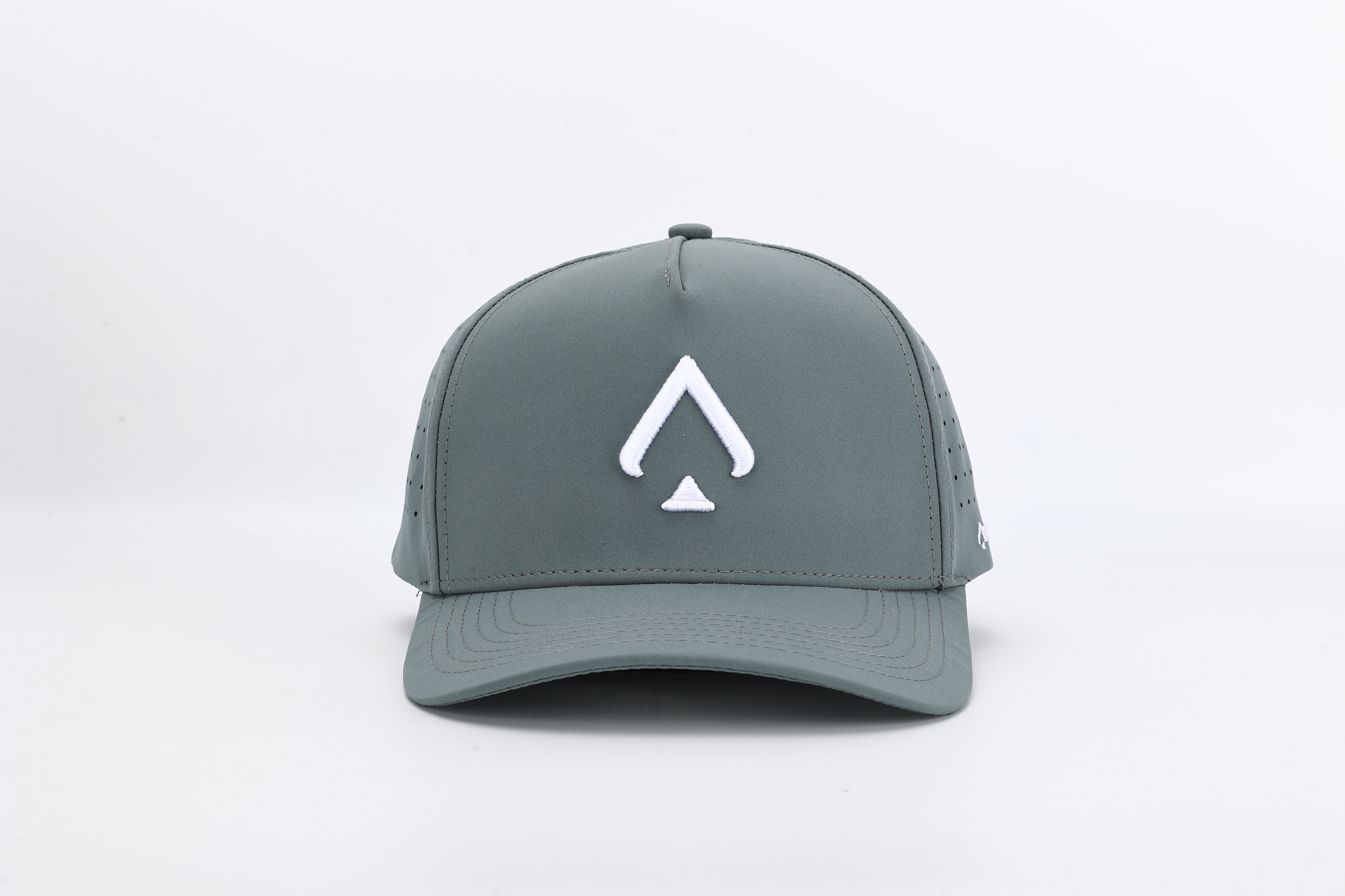 Bloom Gray performance cap featuring the All In logo with laser-cut ventilation holes for breathability and style.