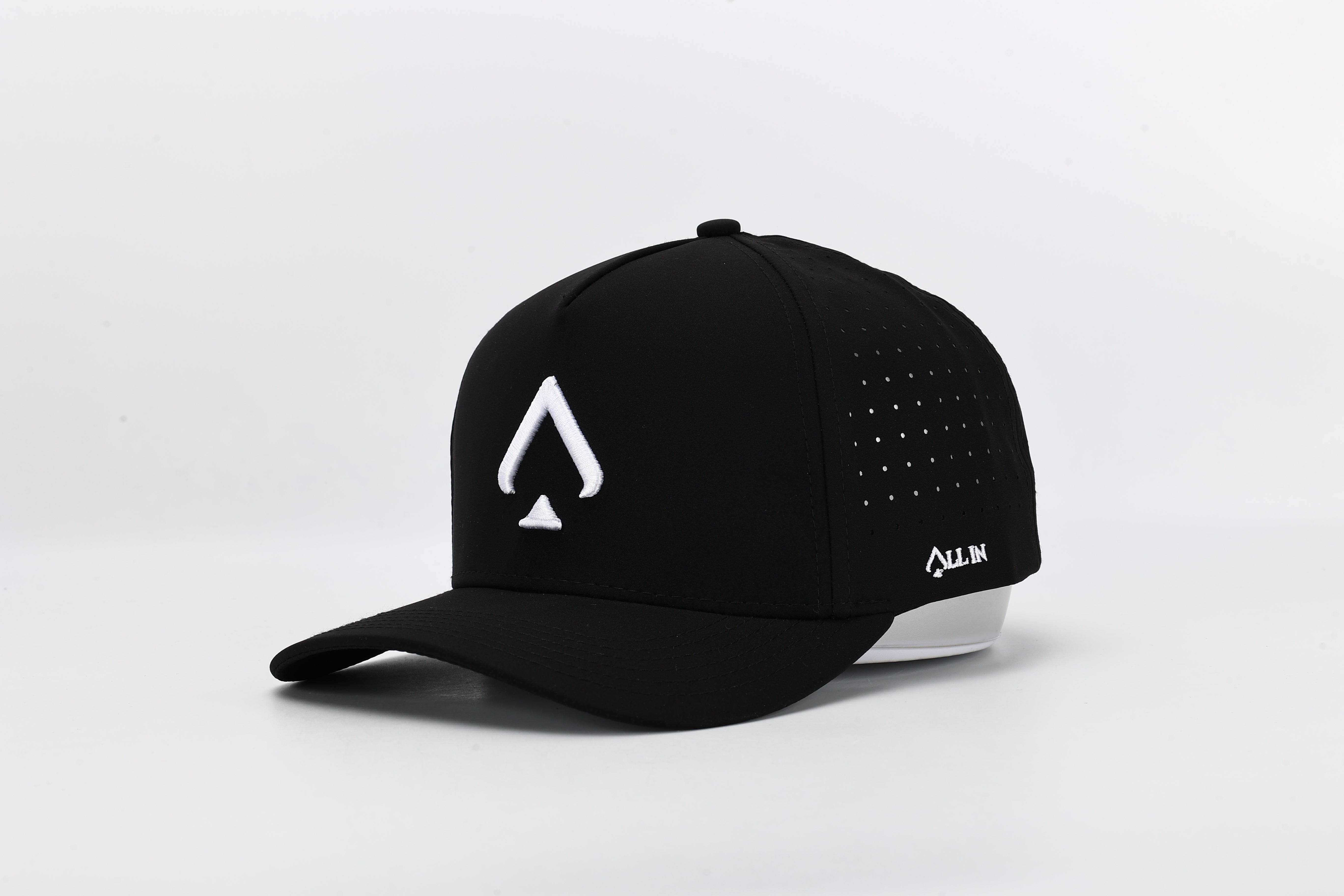 OG Black performance cap with All In logo and laser-perforated ventilation for ultimate breathability and bold style.