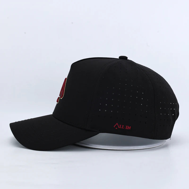 Black & Garnet Performance Hat – Sweat-Resistant & Laser-Perforated Fit