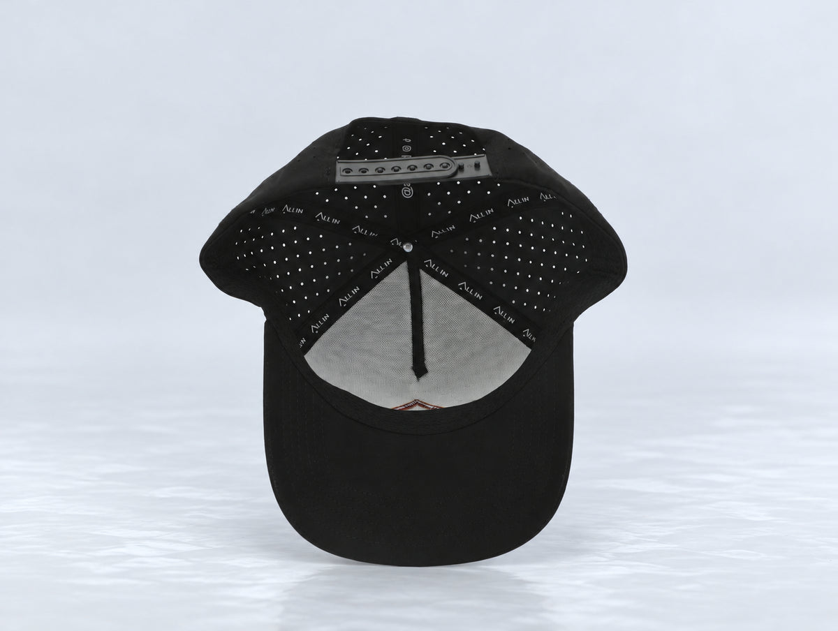 All In Lid Black & Garnet hat, underside view showing the interior sweatband and lining.