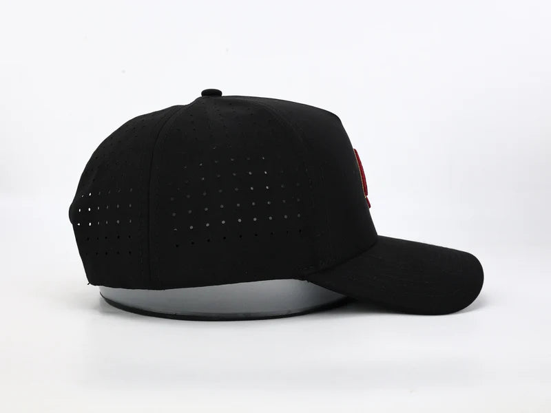 Black & Garnet Performance Hat – Sweat-Resistant & Laser-Perforated Fit
