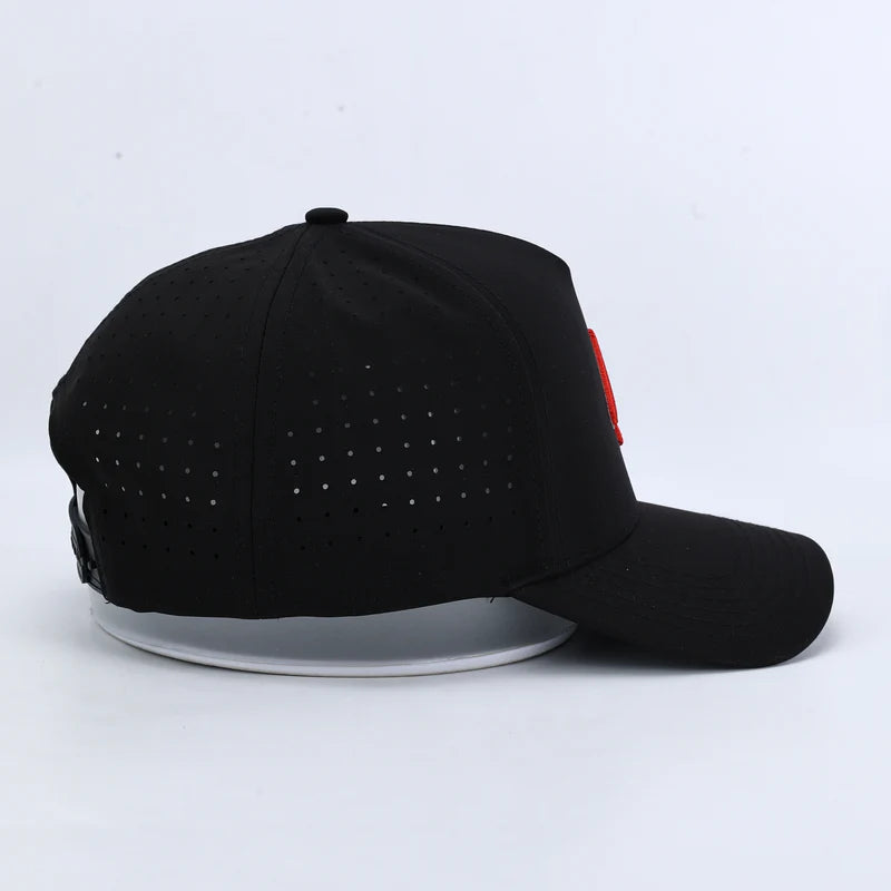 Black & Scarlet Performance Hat – Sweat-Resistant & Laser-Perforated Fit