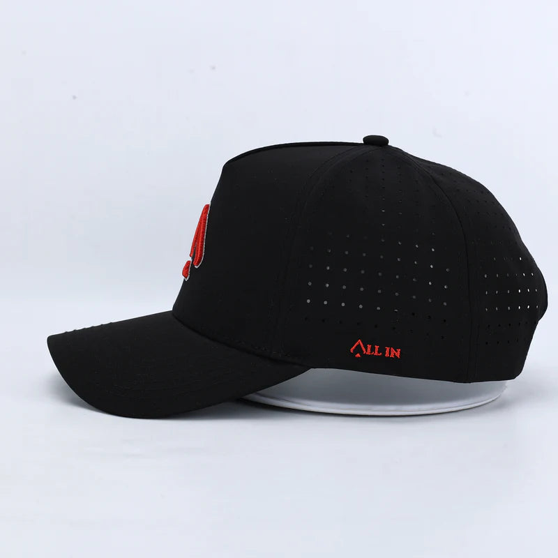 Black & Scarlet Performance Hat – Sweat-Resistant & Laser-Perforated Fit