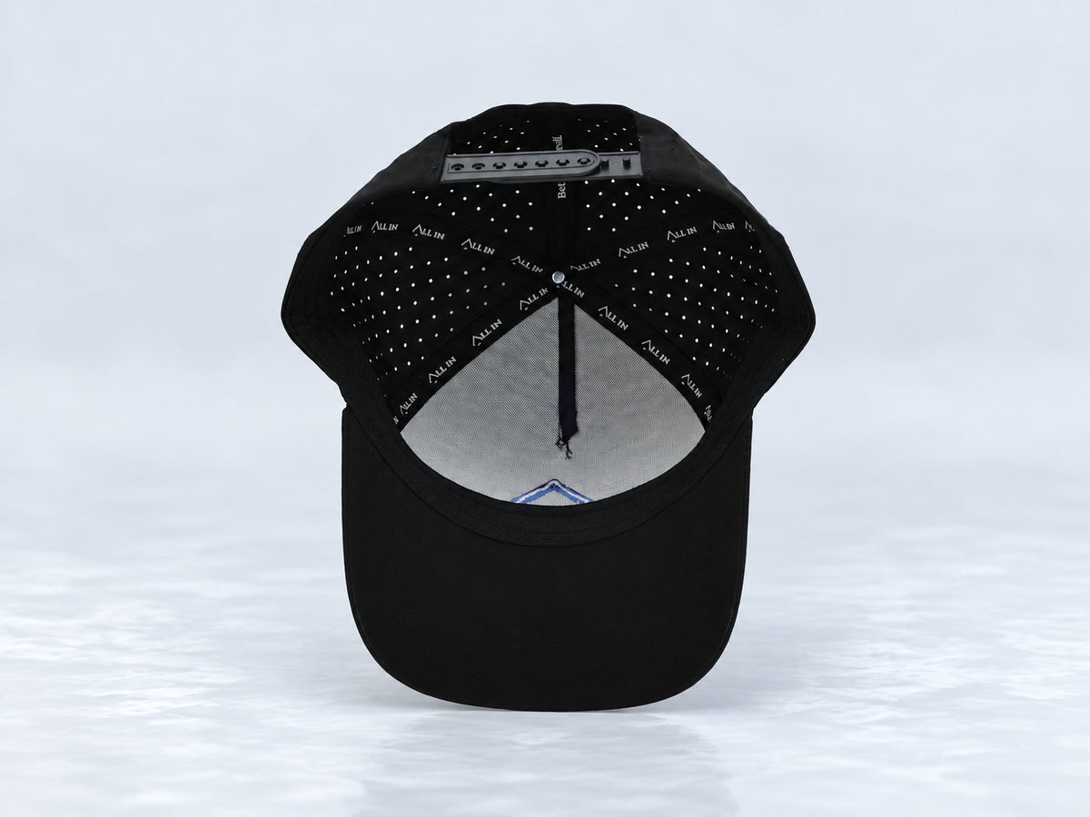 All In Lid Black Out hat, underside view showing the interior sweatband and lining.