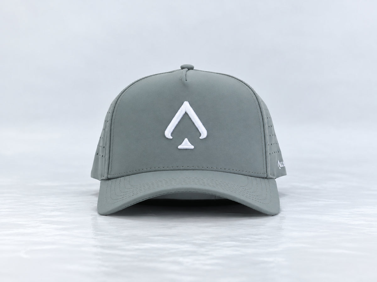 All In Lid Bloom Gray hat, front view, in slate gray fabric with a white logo.