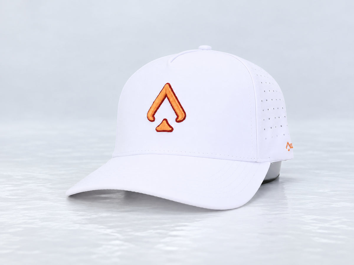 All In Lid Creamsicle hat, three-quarter front view, in white fabric with a red-edged orange logo.