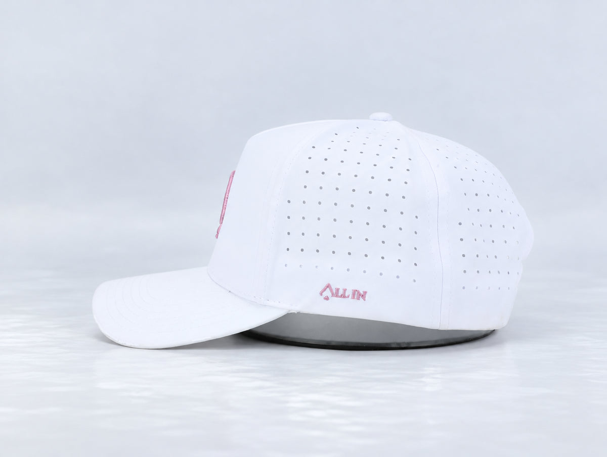 All In Lid Pink Panther hat, side profile, in white fabric with a pink logo.