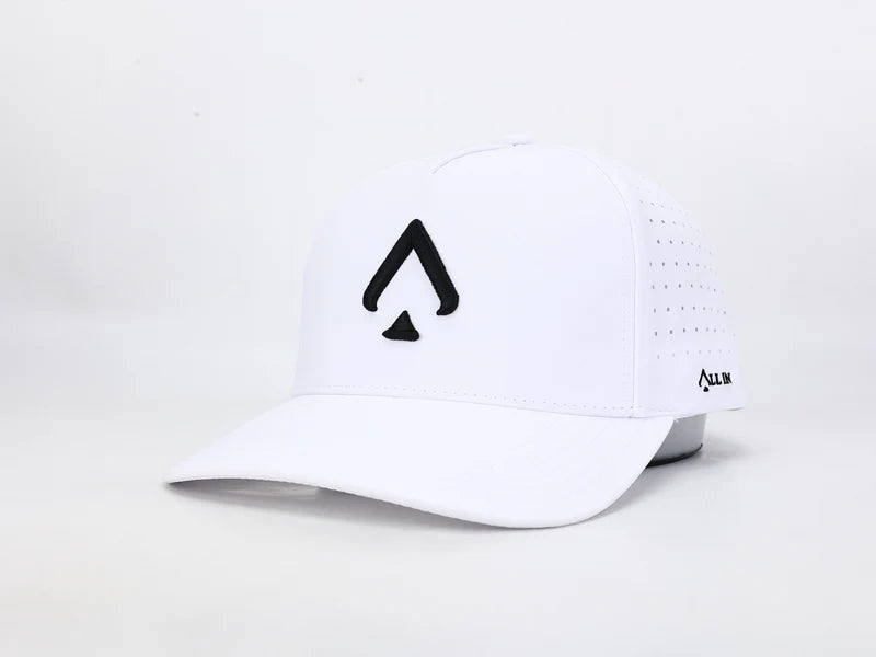 All In Lid White & Black Performance Hat – Water Resistant & Laser Perforated Fit