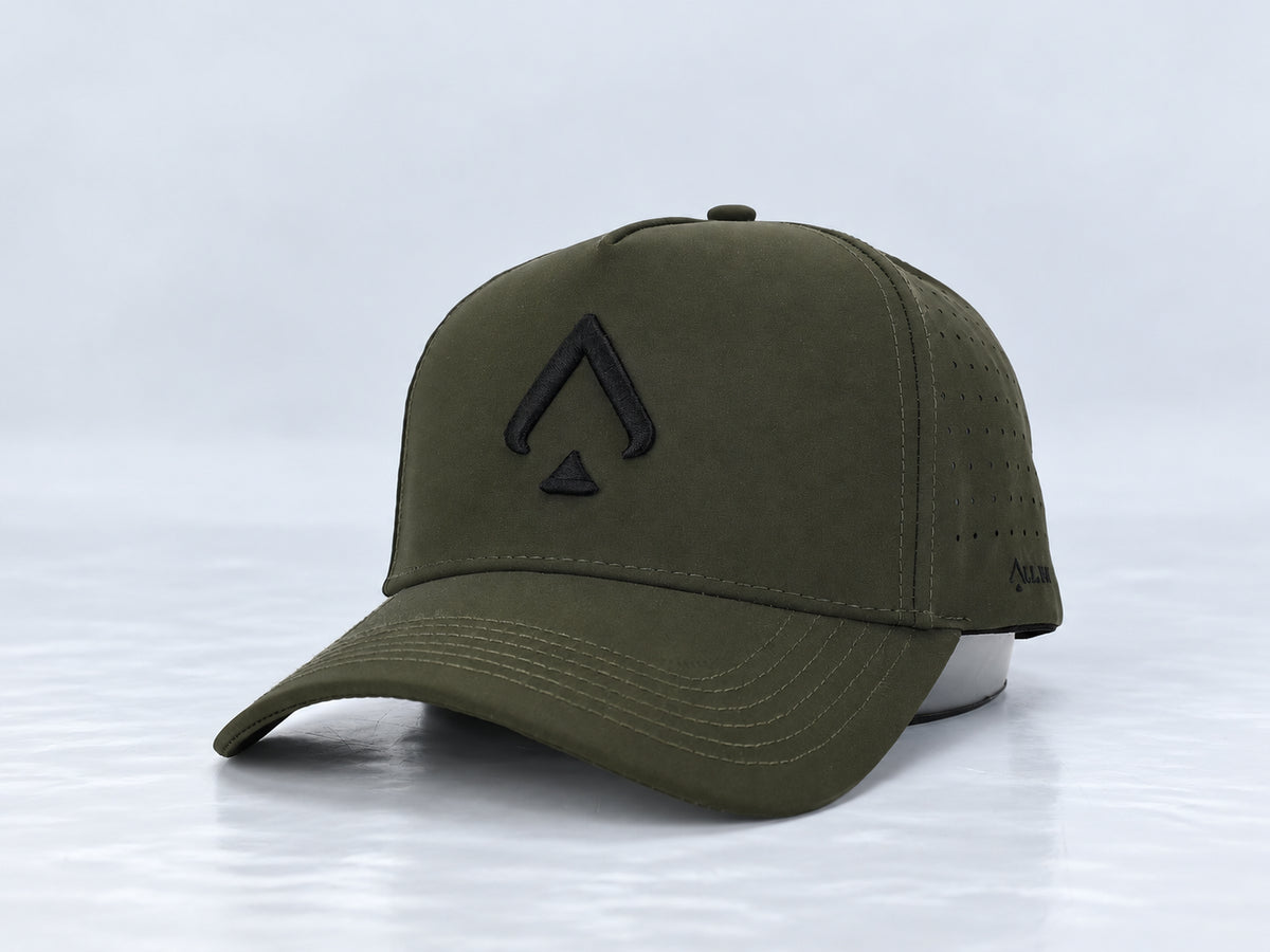 All In Lid Army Green hat, three-quarter front view, in olive green fabric with a tonal black logo.