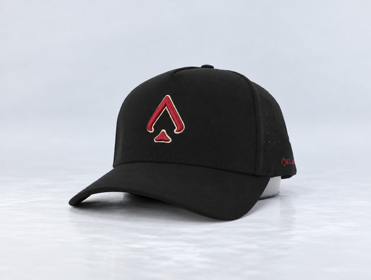 All In Lid Black & Garnet hat, three-quarter front view, in black fabric with a gold-edged garnet logo.