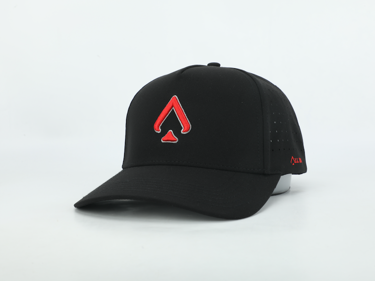 Black & Scarlet Performance Hat – Sweat-Resistant & Laser-Perforated Fit