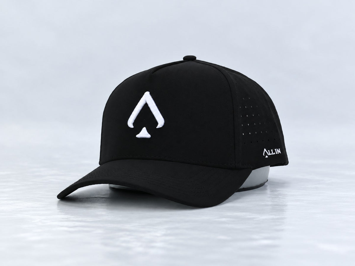 All In Lid OG hat, three-quarter front view, in black fabric with a white logo.