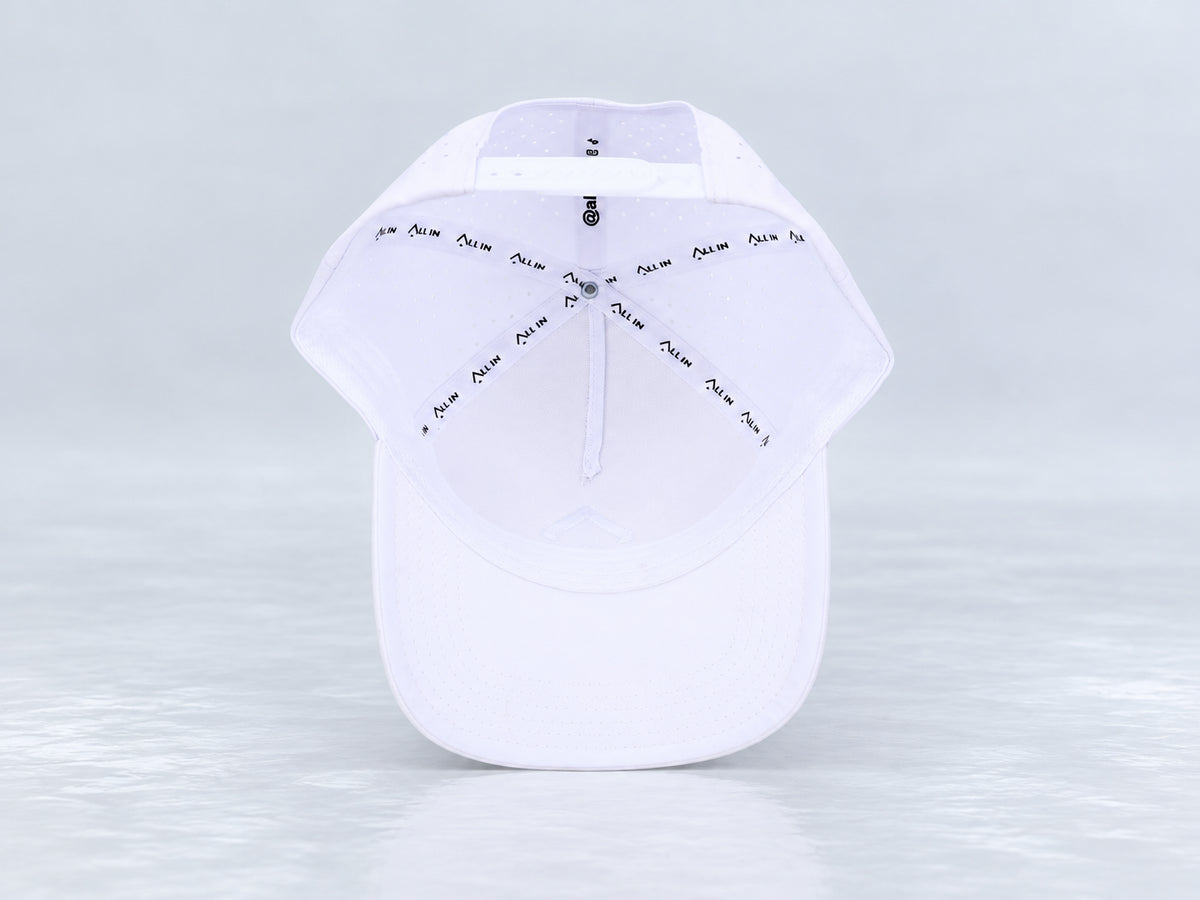All In Lid White Out hat, underside view showing the interior sweatband and lining.