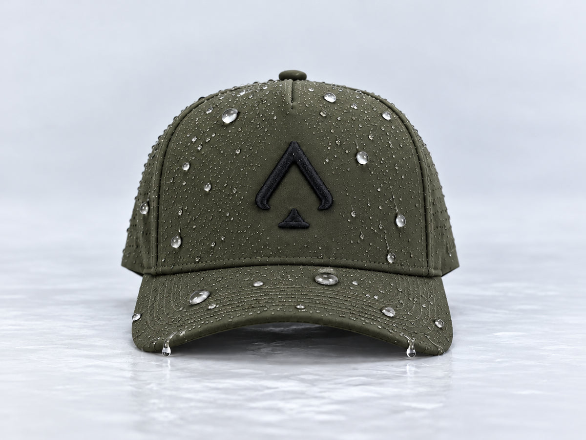 Front view of the All In Lid Army Green hat with olive-green fabric and a black logo and water droplets on the crown and brim.