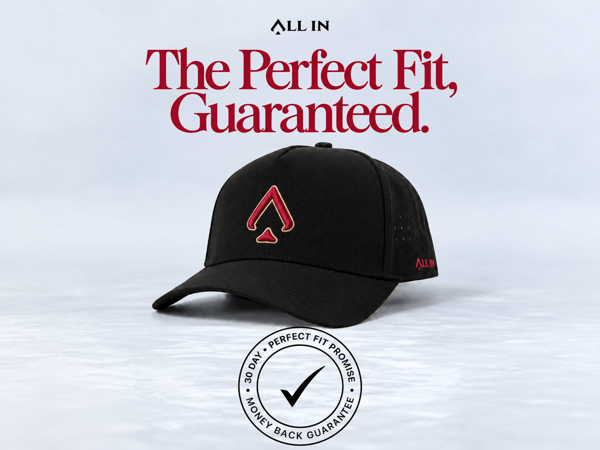 All In Lid Black & Garnet hat, angled view. The Perfect Fit, Guaranteed. 30-day Perfect Fit Promise and money-back guarantee badge.