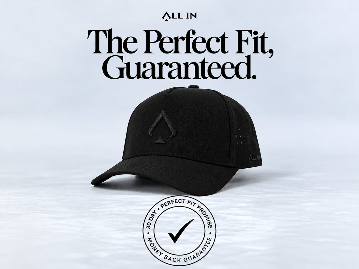 All In Lid Black Out hat, angled view. The Perfect Fit, Guaranteed. 30-day Perfect Fit Promise and money-back guarantee badge.