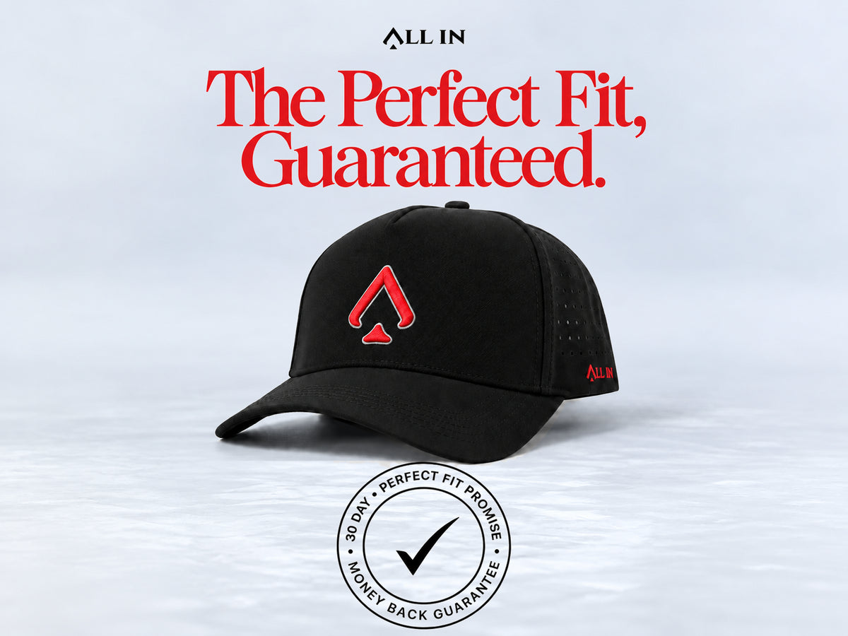 All In Lid Black & Scarlet hat, angled view. The Perfect Fit, Guaranteed. 30-day Perfect Fit Promise and money-back guarantee badge.