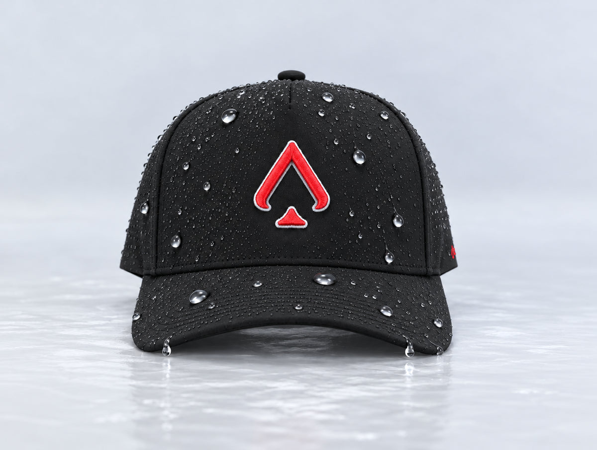 Front view of the All In Lid Black & Scarlet hat with black fabric and a scarlet logo and water droplets on the crown and brim.