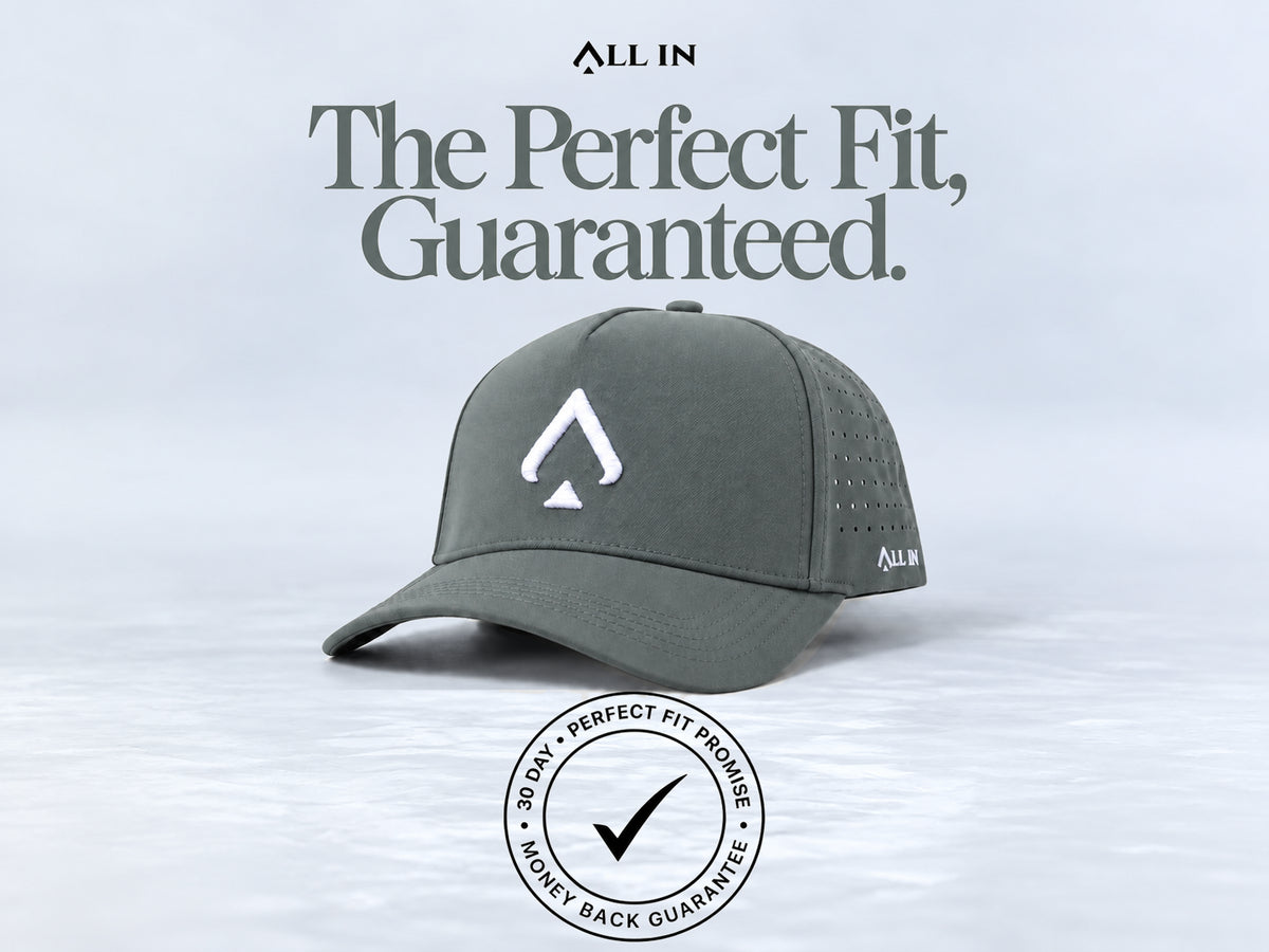 All In Lid Bloom Gray hat, angled view. The Perfect Fit, Guaranteed. 30-day Perfect Fit Promise and money-back guarantee badge.