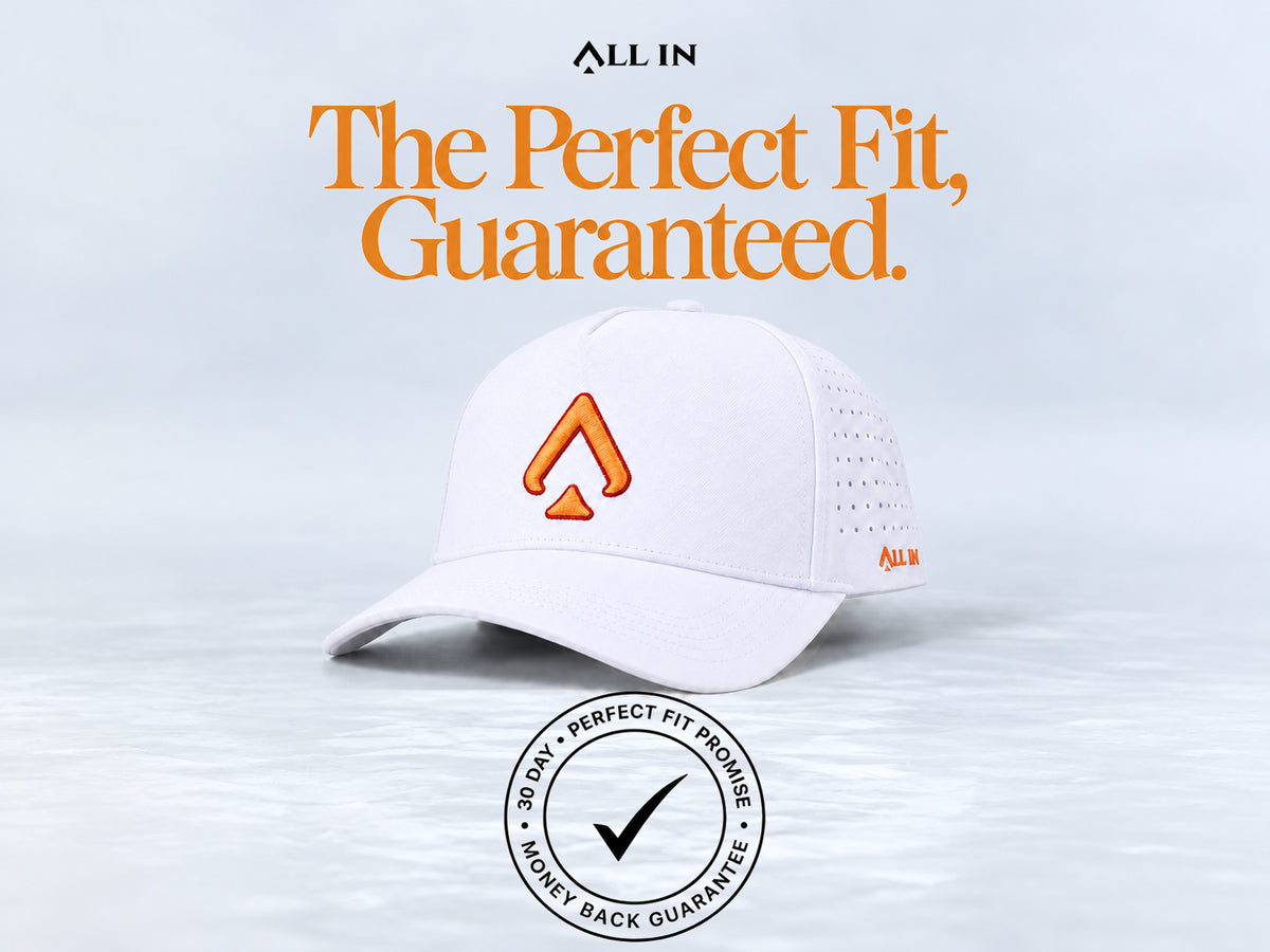 All In Lid Creamsicle hat, angled view. The Perfect Fit, Guaranteed. 30-day Perfect Fit Promise and money-back guarantee badge.