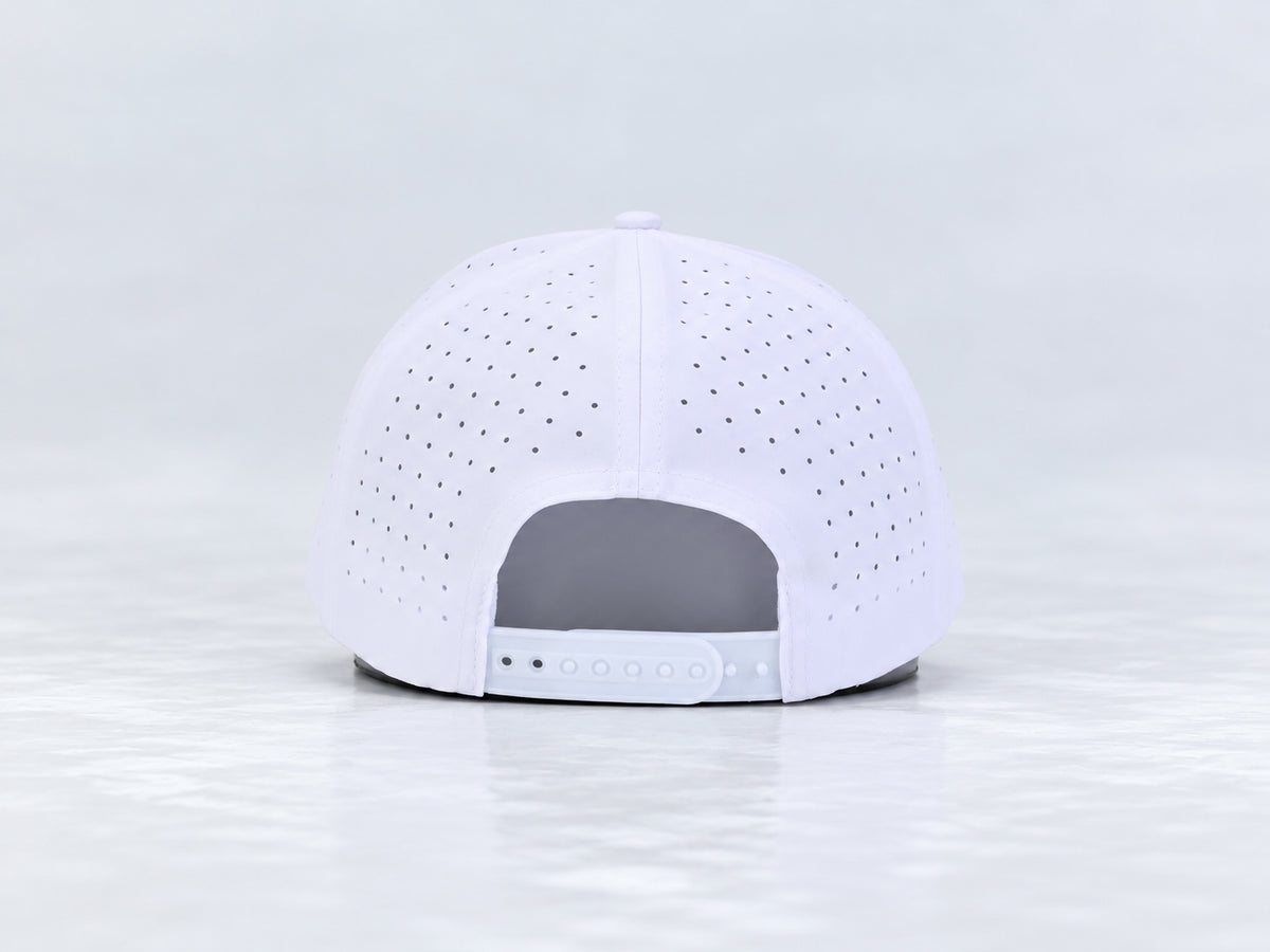 All In Lid Crimson Ice white cap, rear view showing the adjustable snapback closure and perforated panels against a pale gray studio background.