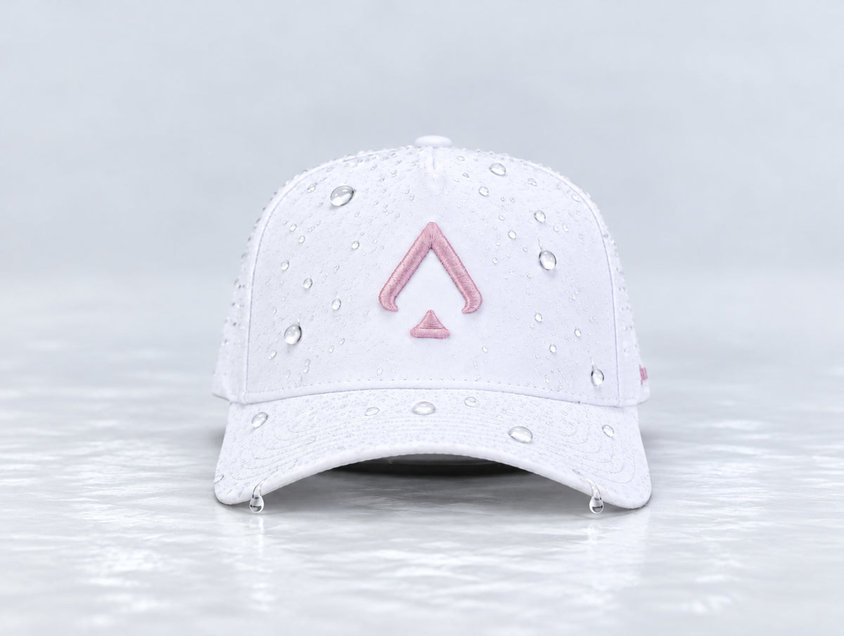 Front view of the All In Lid Pink Panther hat with white fabric and a pink logo and water droplets on the crown and brim.