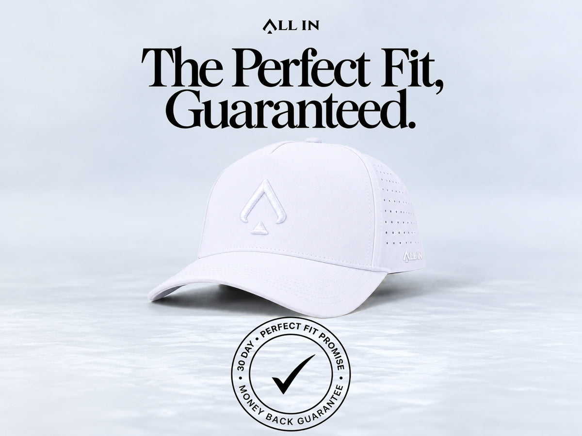 All In Lid White Out hat, angled view. The Perfect Fit, Guaranteed. 30-day Perfect Fit Promise and money-back guarantee badge.