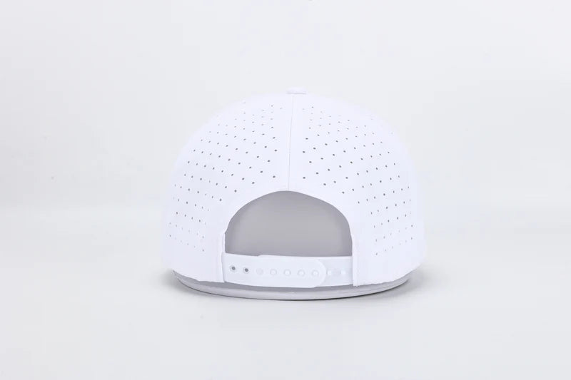 All In Wears Regal White performance cap, featuring a white body and an embroidered garnet and gold outline spade logo.