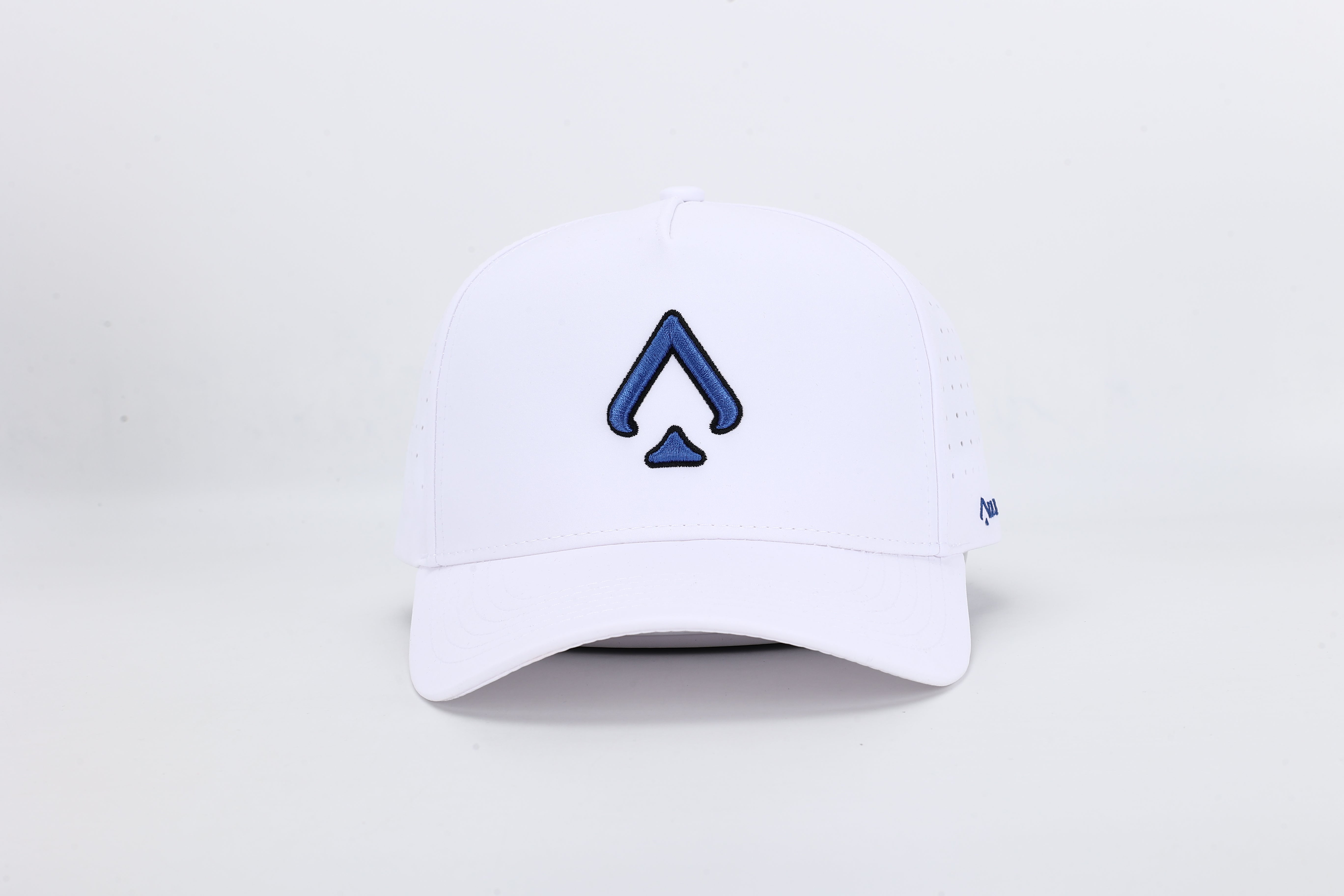 All In Wears Electric Blue cap in white performance fabric with contrasting electric blue embroidered spade logo.